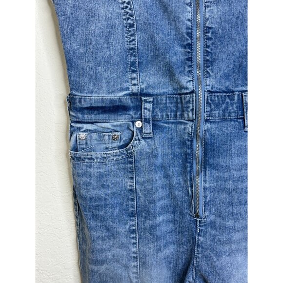 True Religion Denim Jumpsuit Womens XL Blue Front Zip Slit Distressed Overalls - Picture 5 of 14
